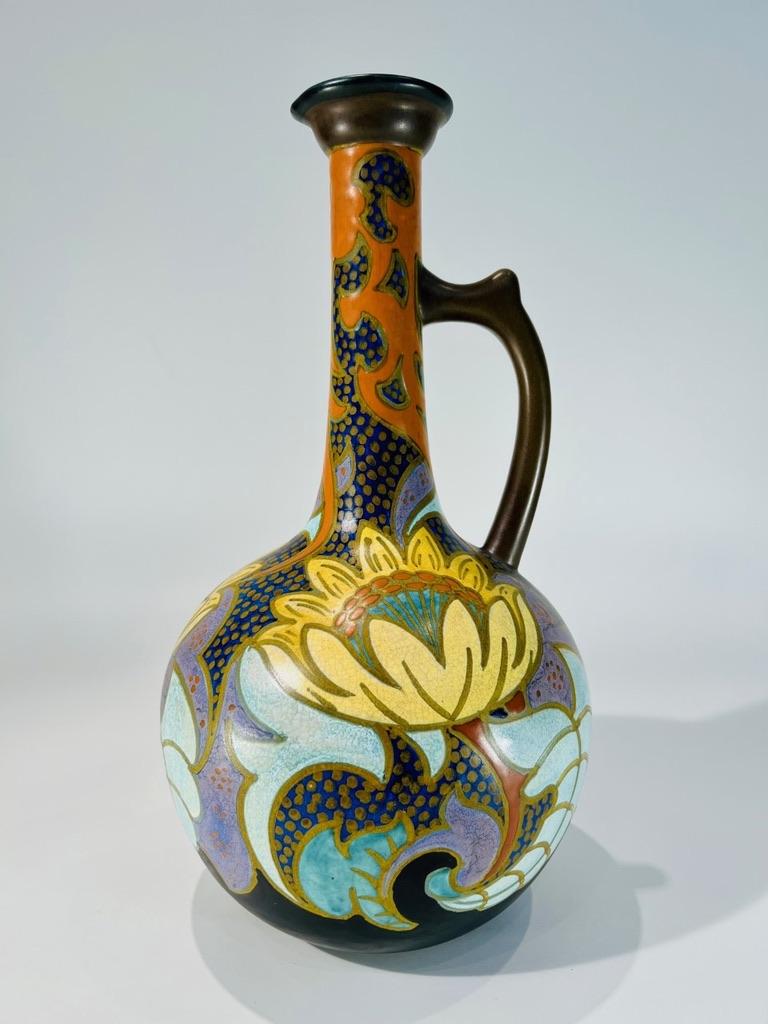 Dutch GOUDA Pikan dutch multicolor polychrome Art Nouveau porcelain vase circa 1900 For Sale