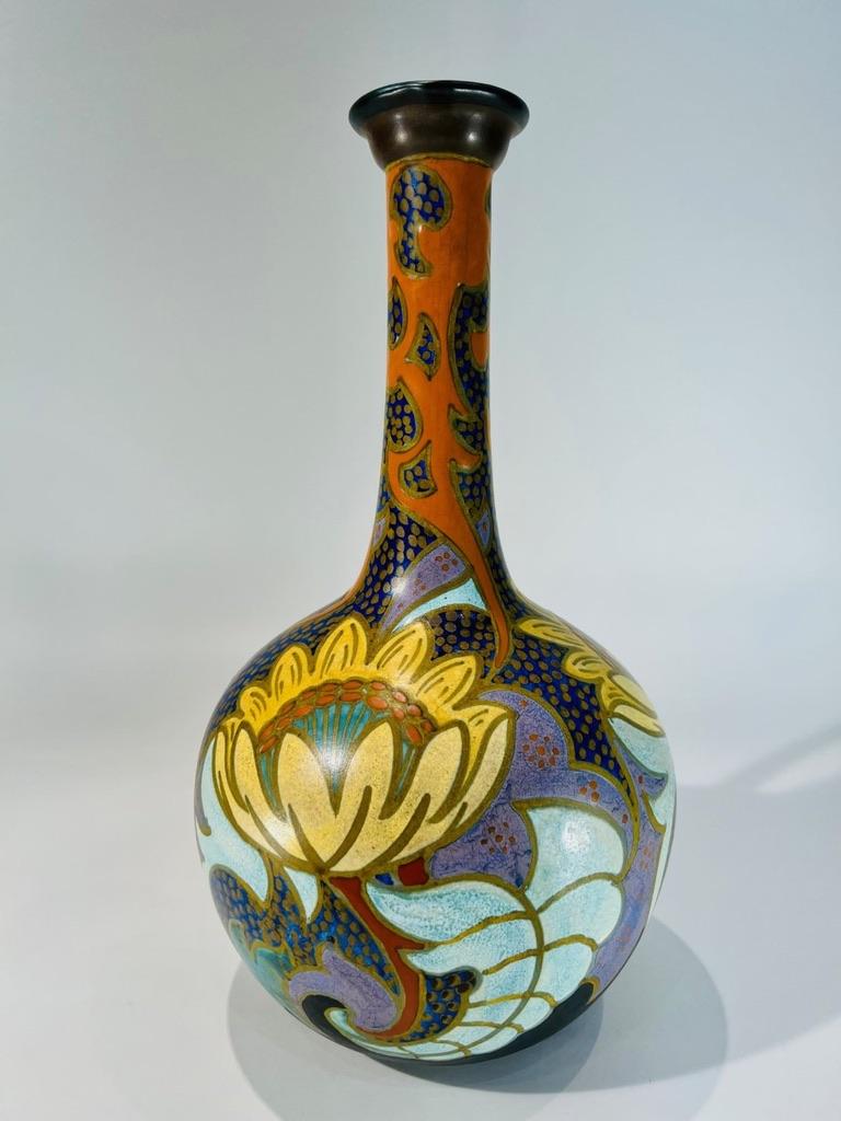 Other GOUDA Pikan dutch multicolor polychrome Art Nouveau porcelain vase circa 1900 For Sale
