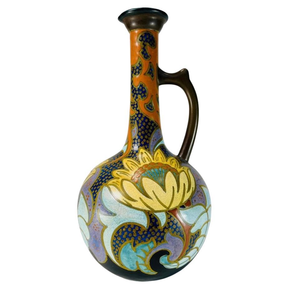 GOUDA Pikan dutch multicolor polychrome Art Nouveau porcelain vase circa 1900 For Sale