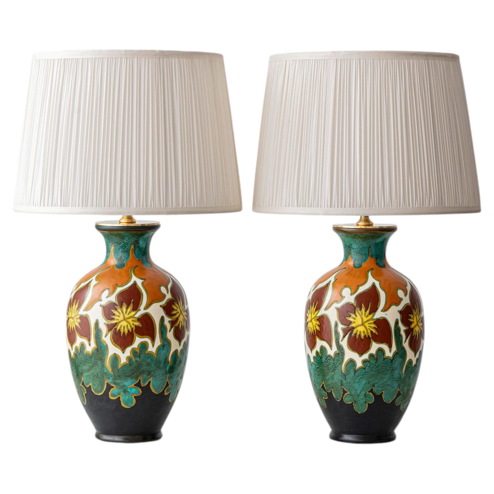 Gouda Pottery Table Lamps, Pair, Dutch Art Deco Floral, New Silk Shades