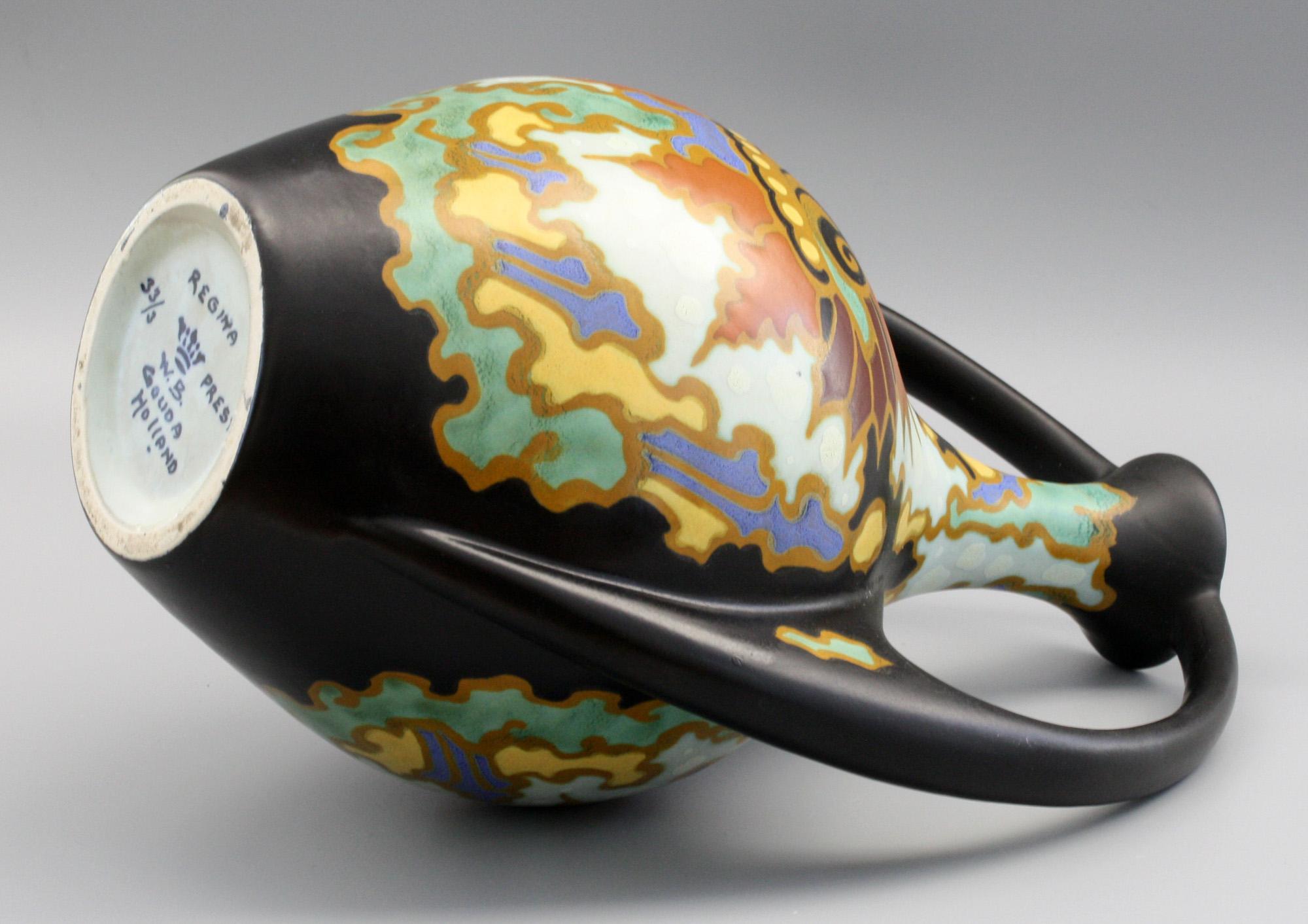 Early 20th Century Gouda Regina Twin Handled Presto Pattern Art Pottery Vase by Steef Bowers c.1927
