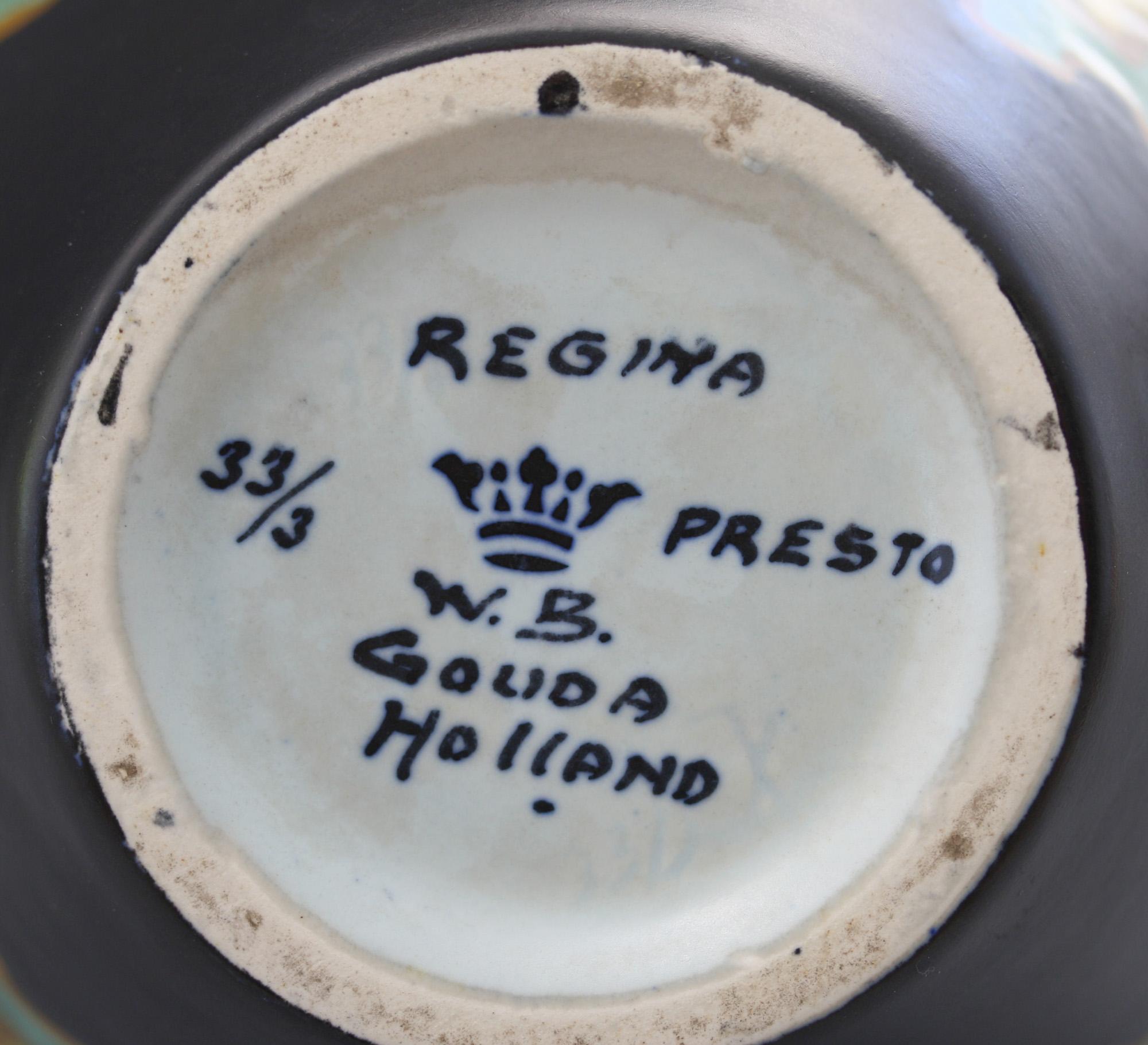 Gouda Regina Twin Handled Presto Pattern Art Pottery Vase by Steef Bowers c.1927 1