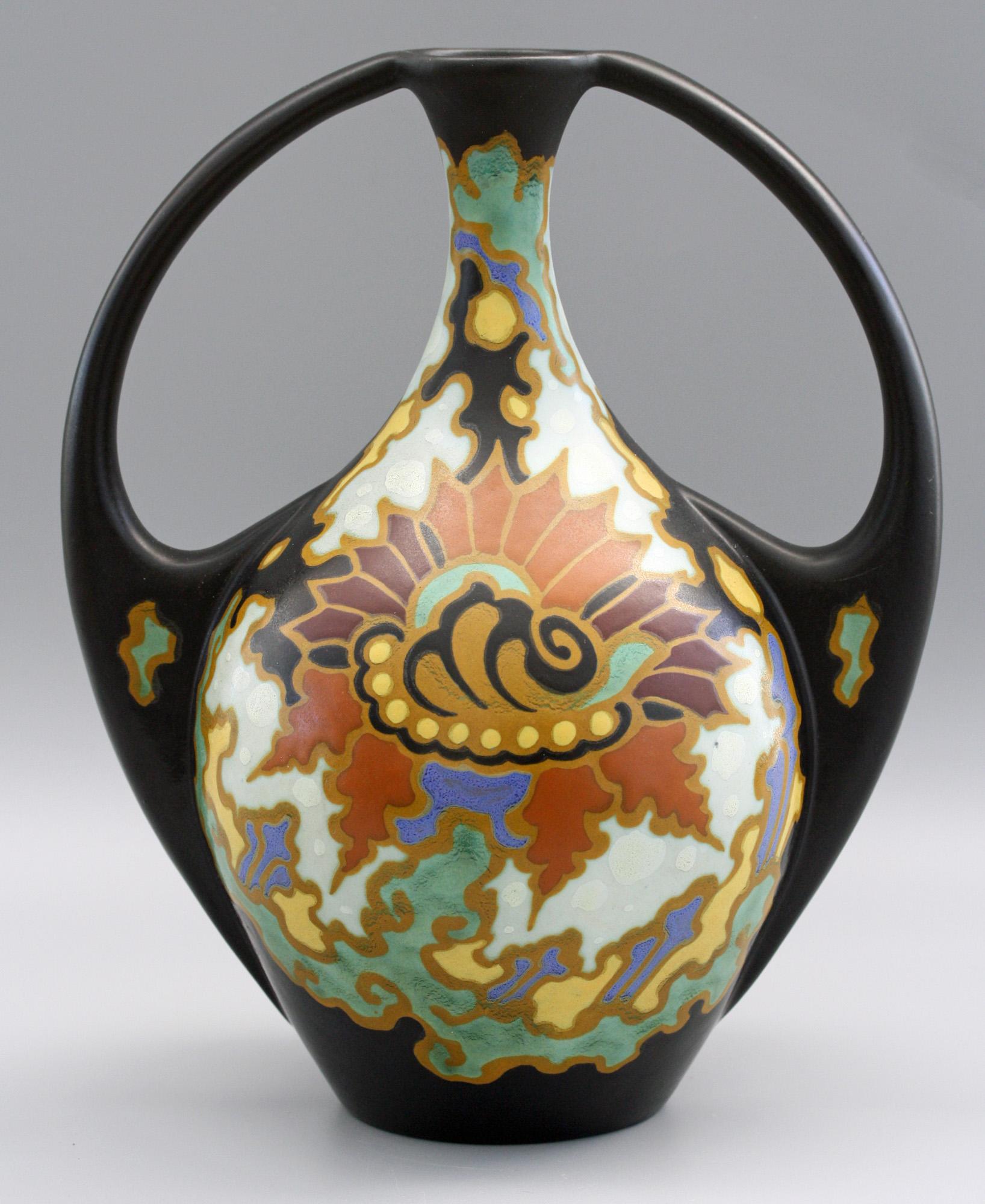 Art Deco Gouda Regina Twin Handled Presto Pattern Art Pottery Vase by Steef Bowers c.1927