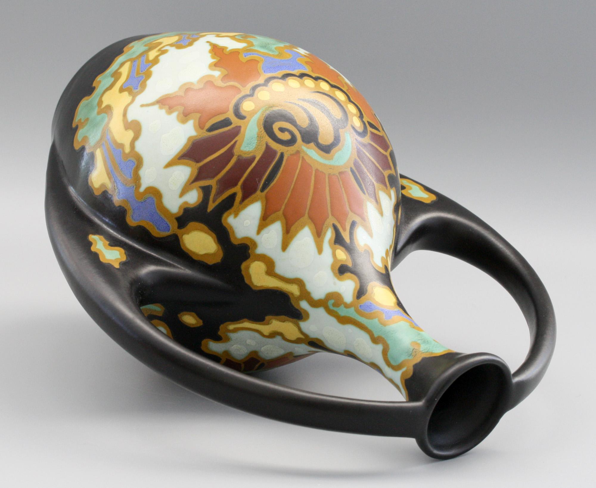 Dutch Gouda Regina Twin Handled Presto Pattern Art Pottery Vase by Steef Bowers c.1927