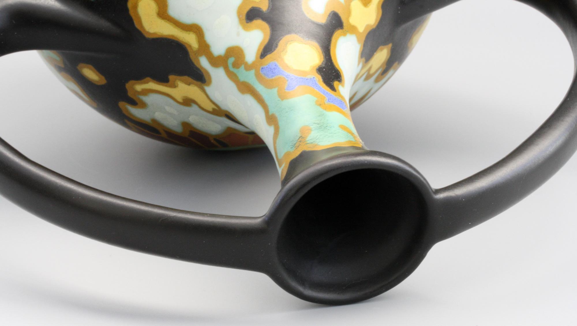 Hand-Painted Gouda Regina Twin Handled Presto Pattern Art Pottery Vase by Steef Bowers c.1927