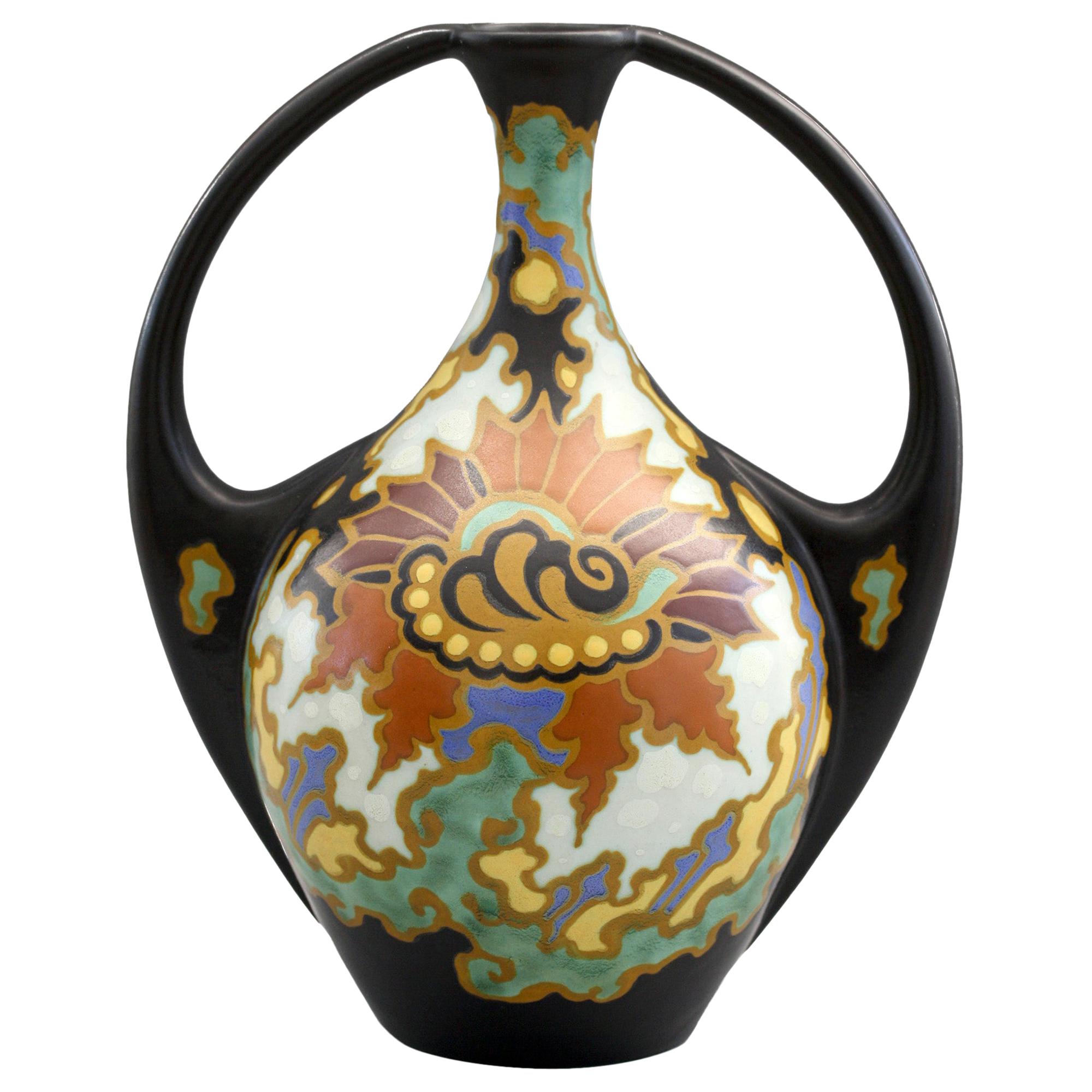 Gouda Regina Twin Handled Presto Pattern Art Pottery Vase by Steef Bowers c.1927