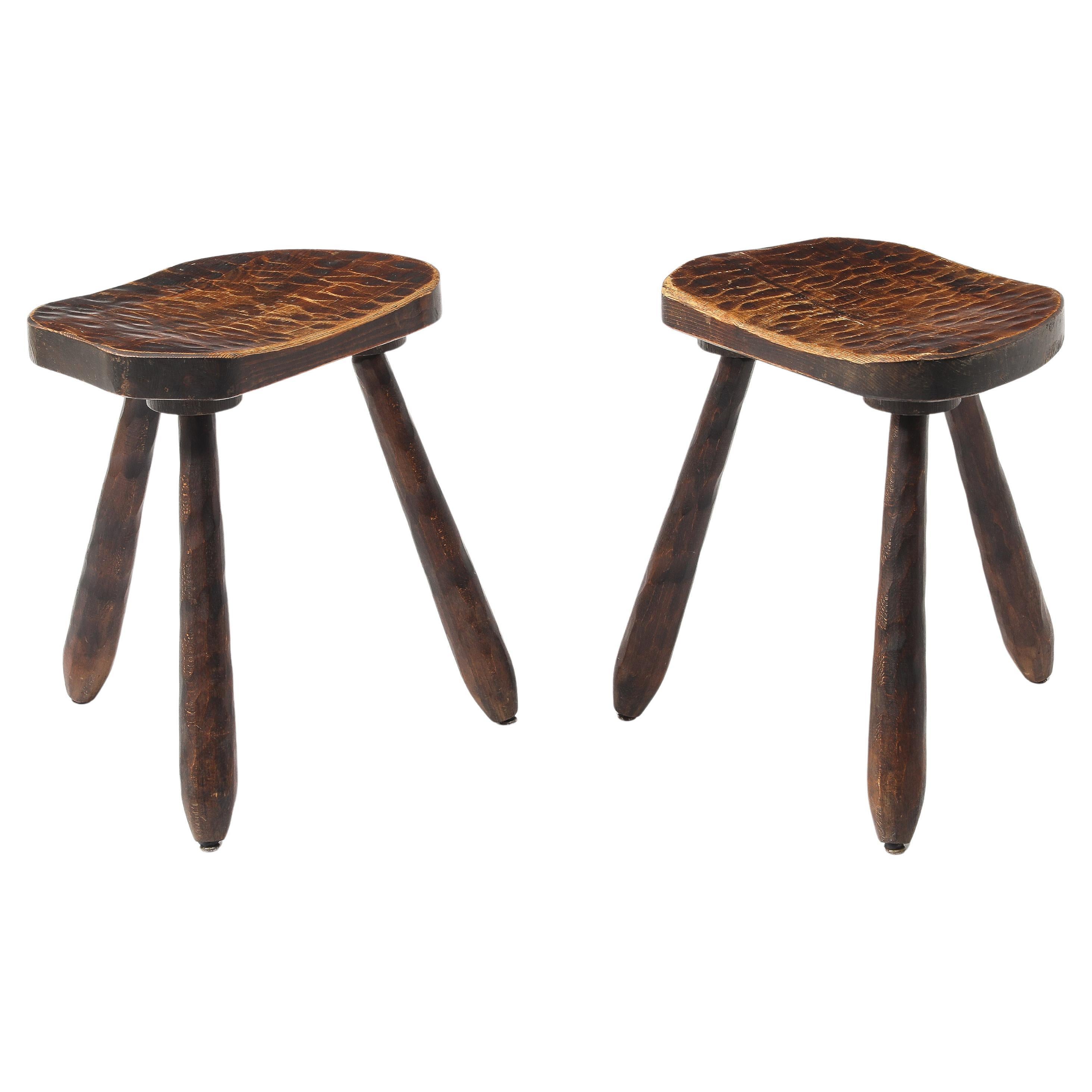 Gouged Elm Stools, France 1940
s For Sale