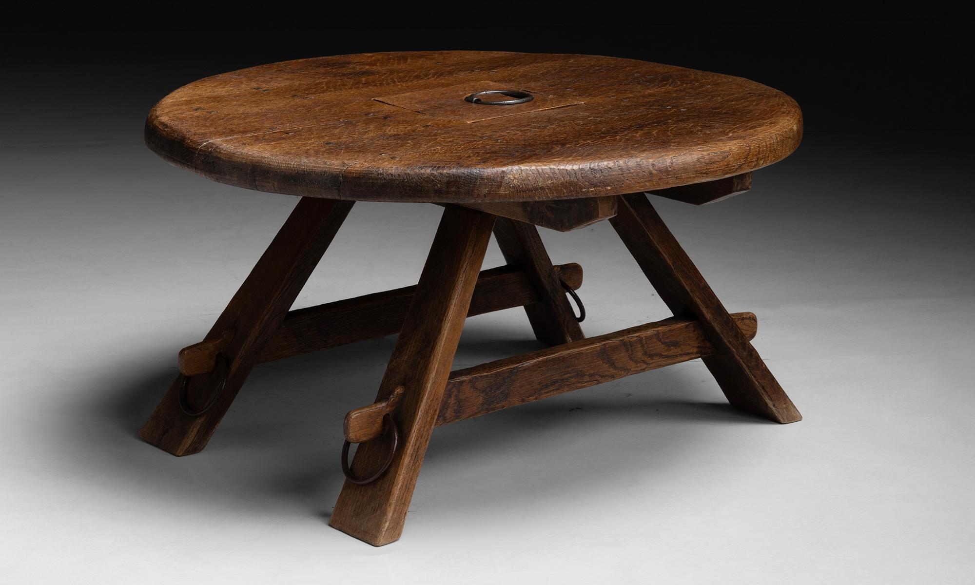 Gouged Oak Coffee Table

France circa 1970

With circular top, small storage compartment and iron details.

35.5”dia x 18.75”h