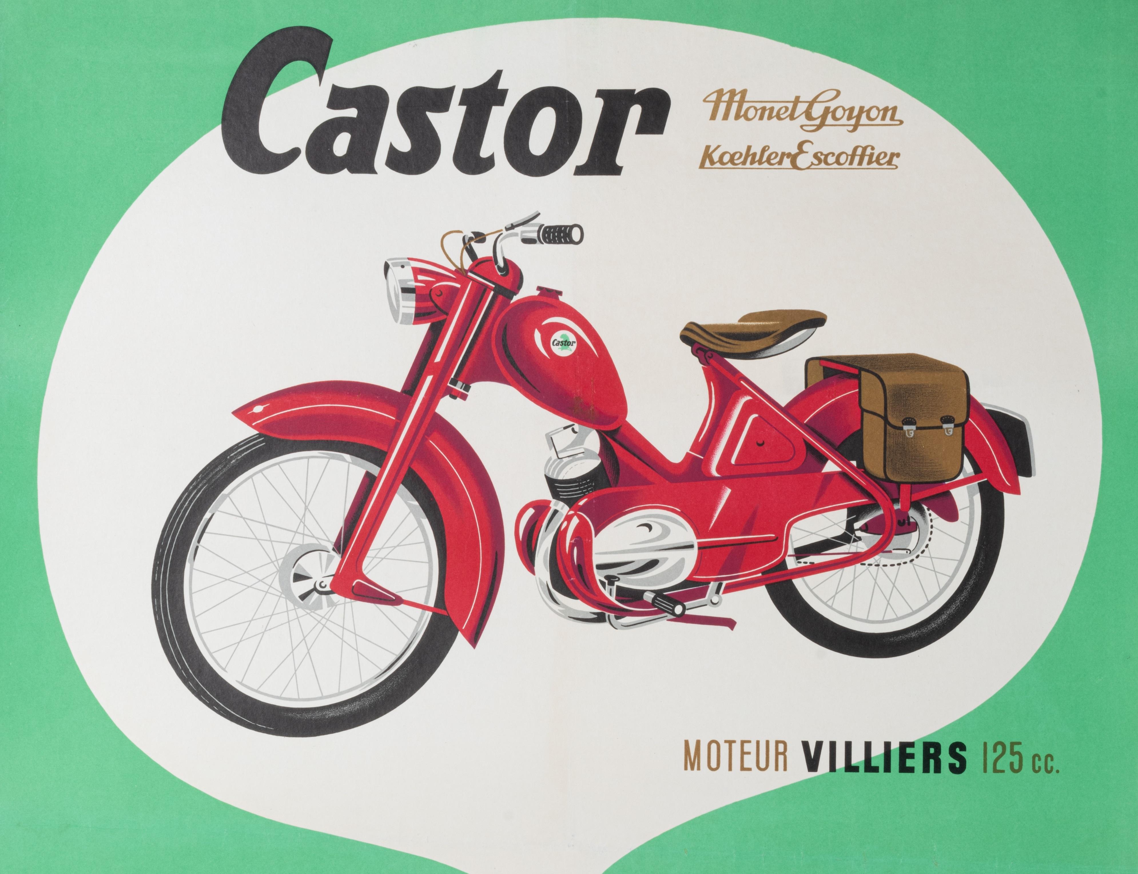 Advertising poster created by Gouju and Almaric for the Castor motorcycle, created in 1956 by the manufacturer Monet & Goyon / Koehler Escoffier.

Artist: Gouju et Amalric
Title: Moto Castor - Monet & Goyon / Koehler Escoffier 
Date: 1956
Size (w x