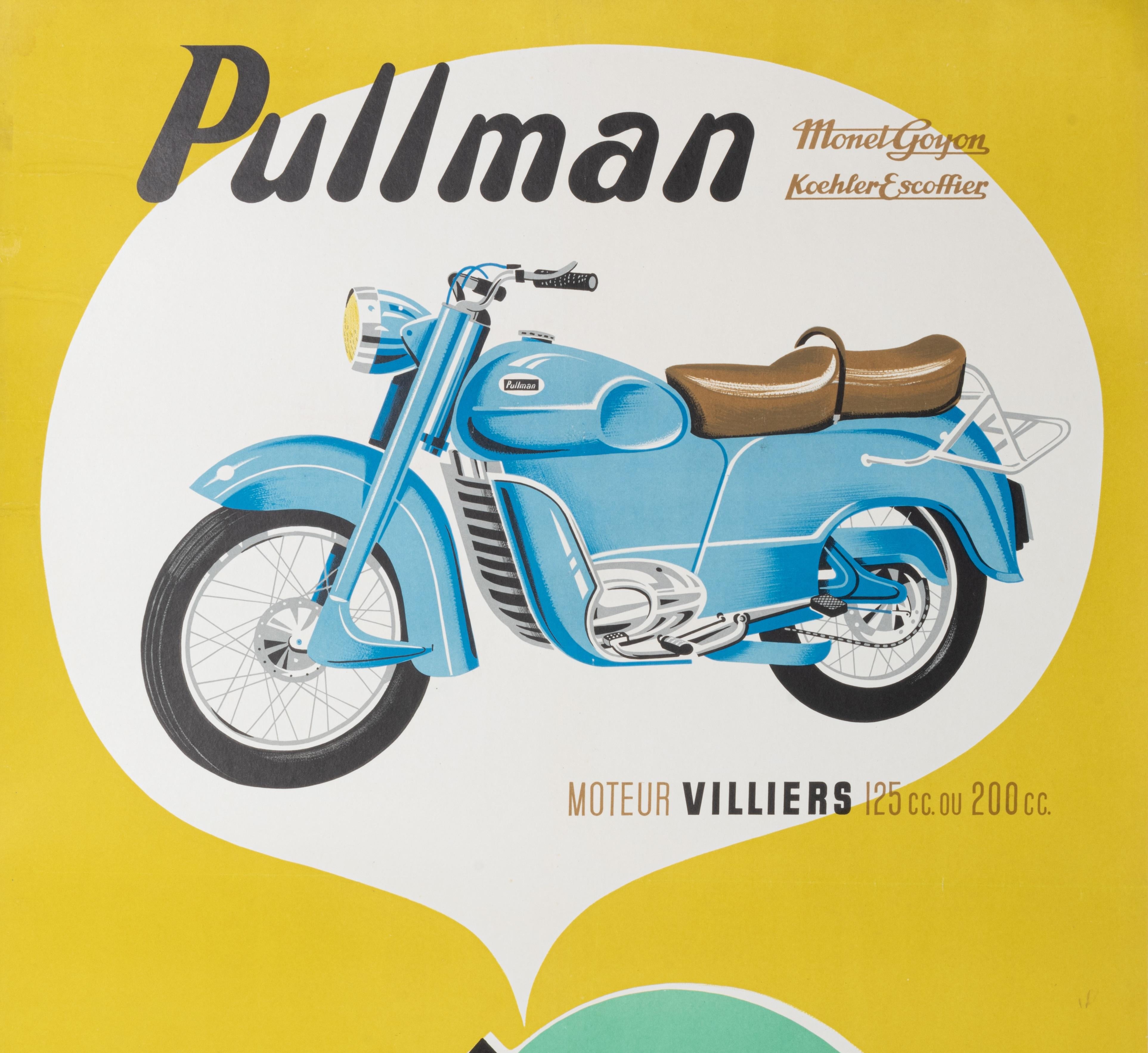 Advertising poster created by Gouju and Almaric for the Pullman motorcycle, created in 1956 by the manufacturer Monet & Goyon / Koehler Escoffier.

Artist: Gouju et Amalric
Title: Moto Pullman - Monet & Goyon / Koehler Escoffier 
Date: 1956
Size (w