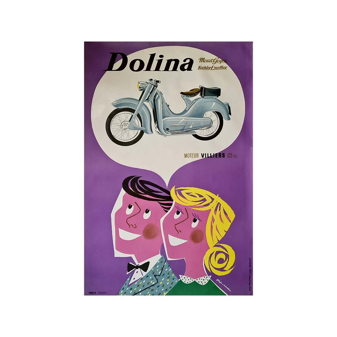 Bubbling with joy and optimism, this original 1950s French poster advertising the Dolina motorcycle powered by a Villiers 125cc engine is a burst of post-war modernism and consumer enthusiasm. Designed by Gouju and Amalric, the composition speaks