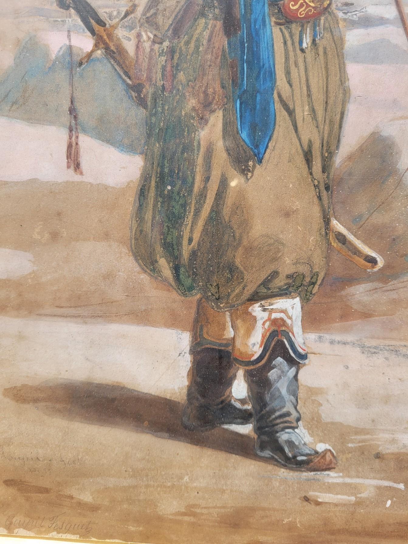 Goupil-fesquet, Orientalist Watercolor, Zouave Or Algerian Hunter, 19th Century For Sale 3