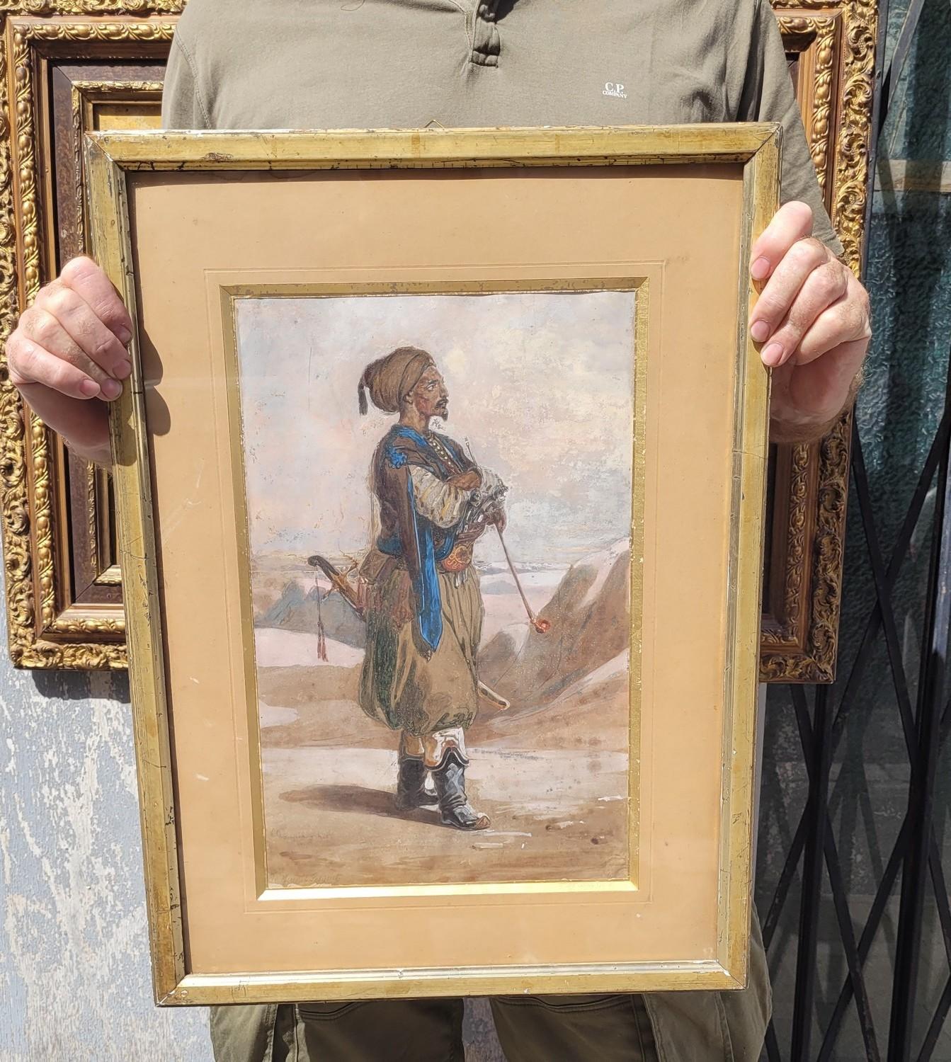 Goupil-fesquet, Orientalist Watercolor, Zouave Or Algerian Hunter, 19th Century For Sale 8