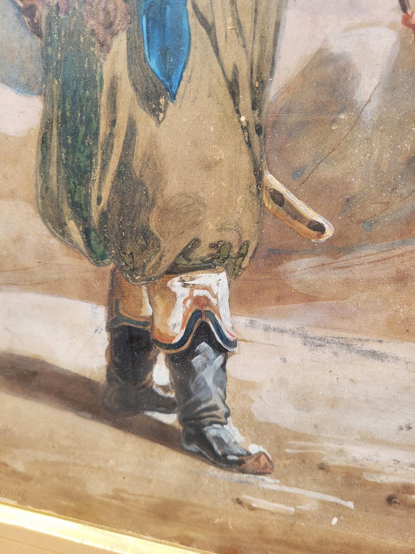 French Goupil-fesquet, Orientalist Watercolor, Zouave Or Algerian Hunter, 19th Century