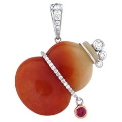 Gourd Red Jade White Diamond & Ruby 18K Gold Pendant