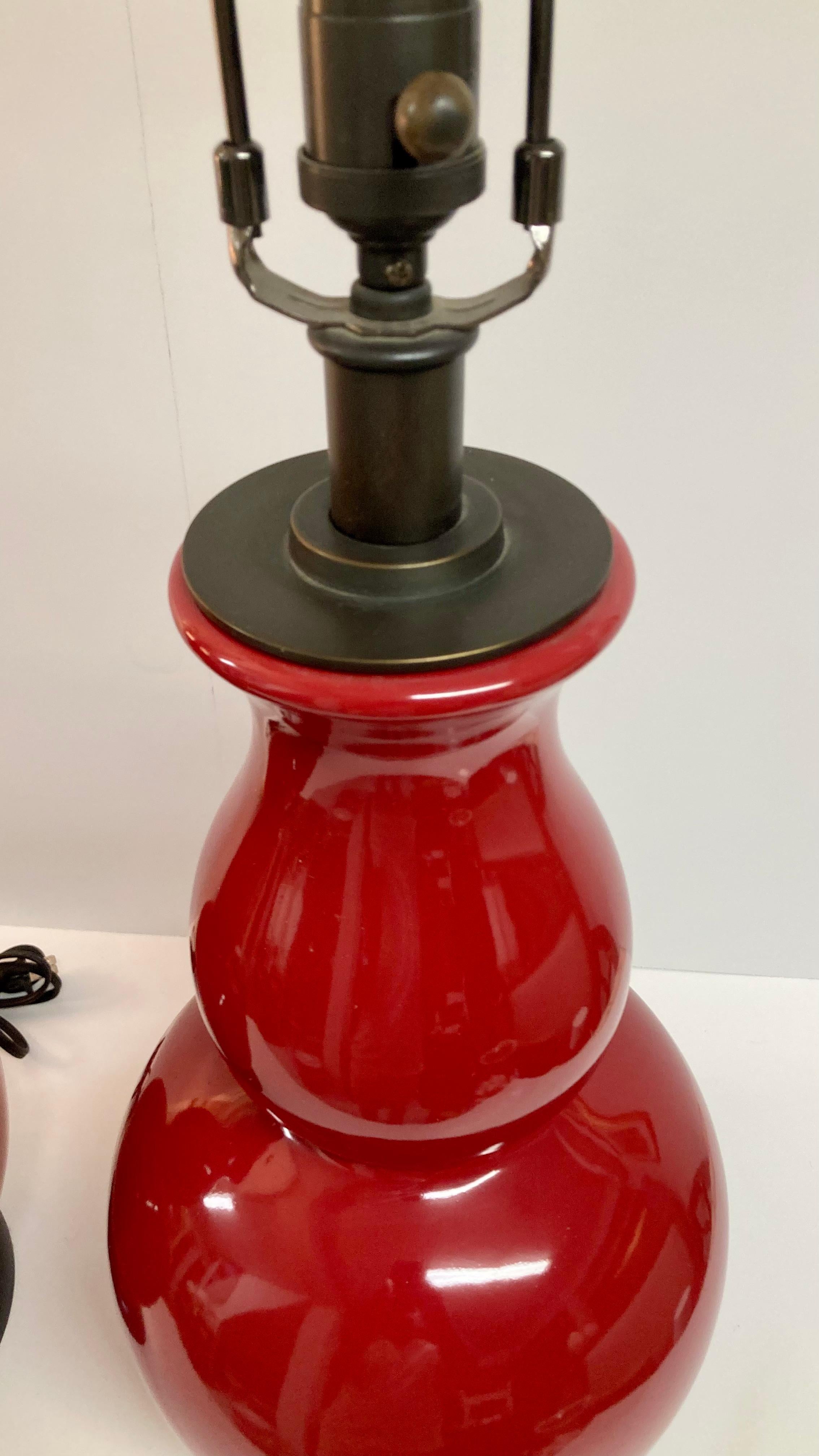 Gourd Shaped Apple Red Glazed Ceramic Table Lamps, a Pair 5