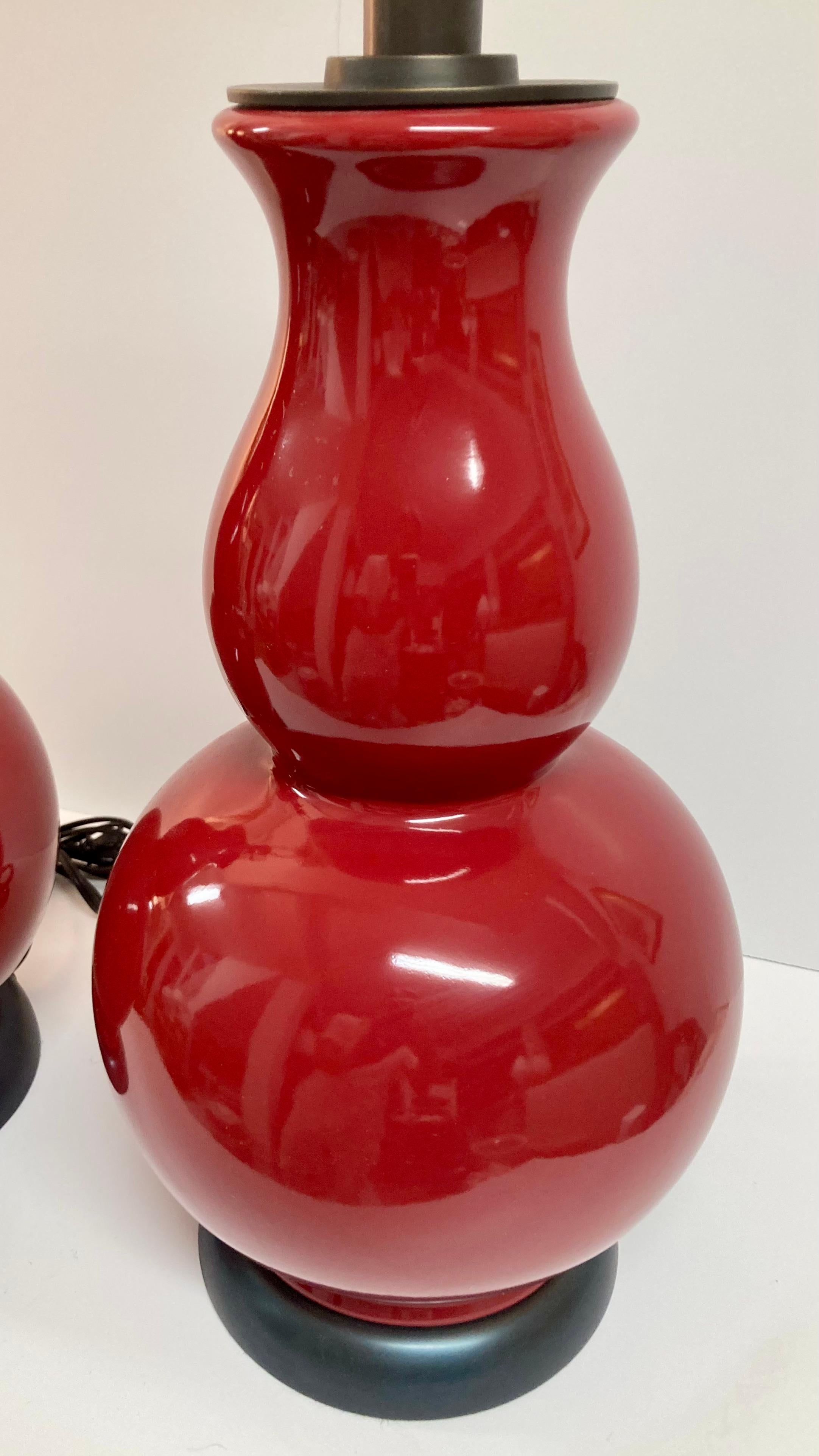Gourd Shaped Apple Red Glazed Ceramic Table Lamps, a Pair 6