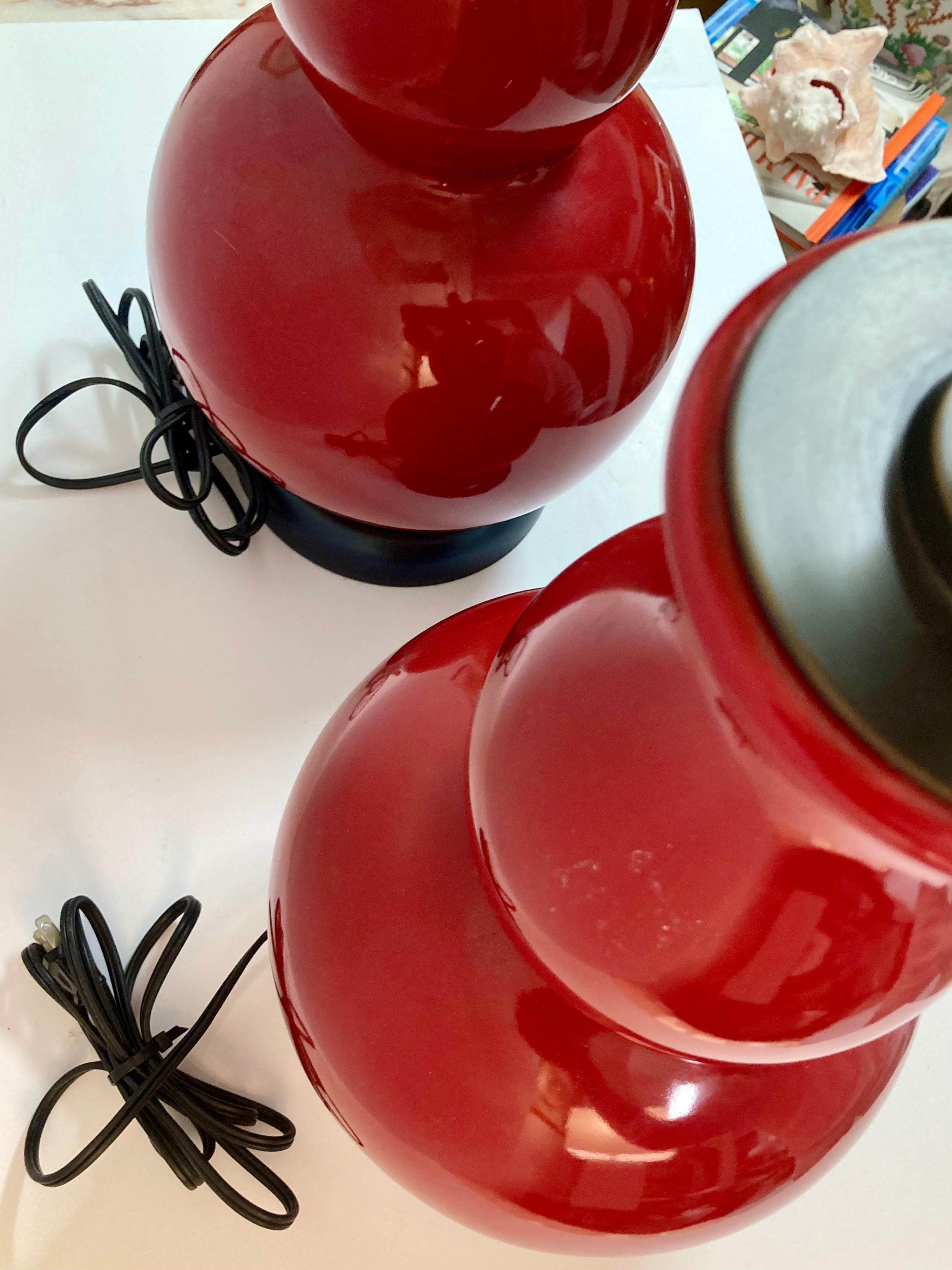 Gourd Shaped Apple Red Glazed Ceramic Table Lamps, a Pair 7
