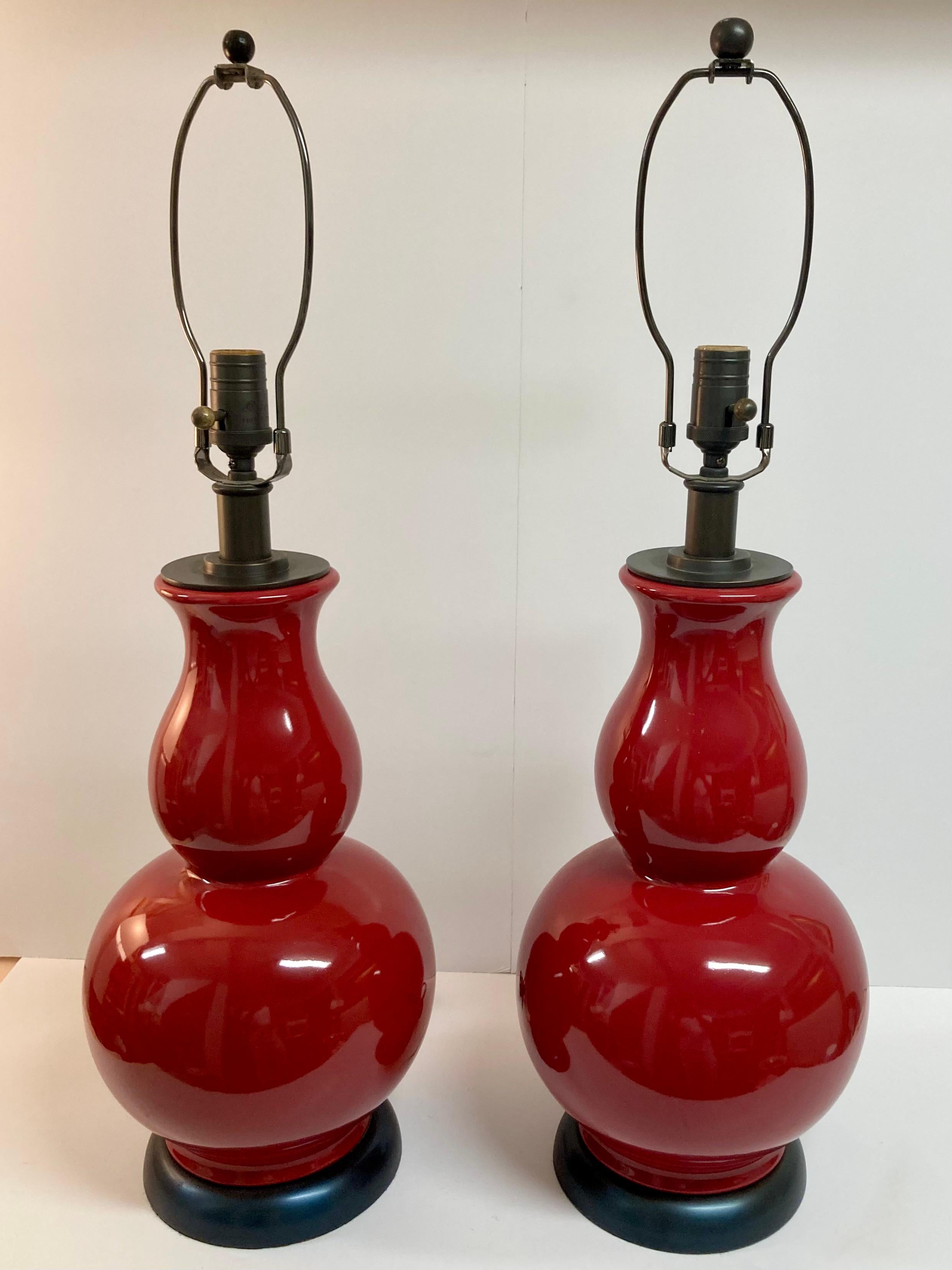 Modern Gourd Shaped Apple Red Glazed Ceramic Table Lamps, a Pair