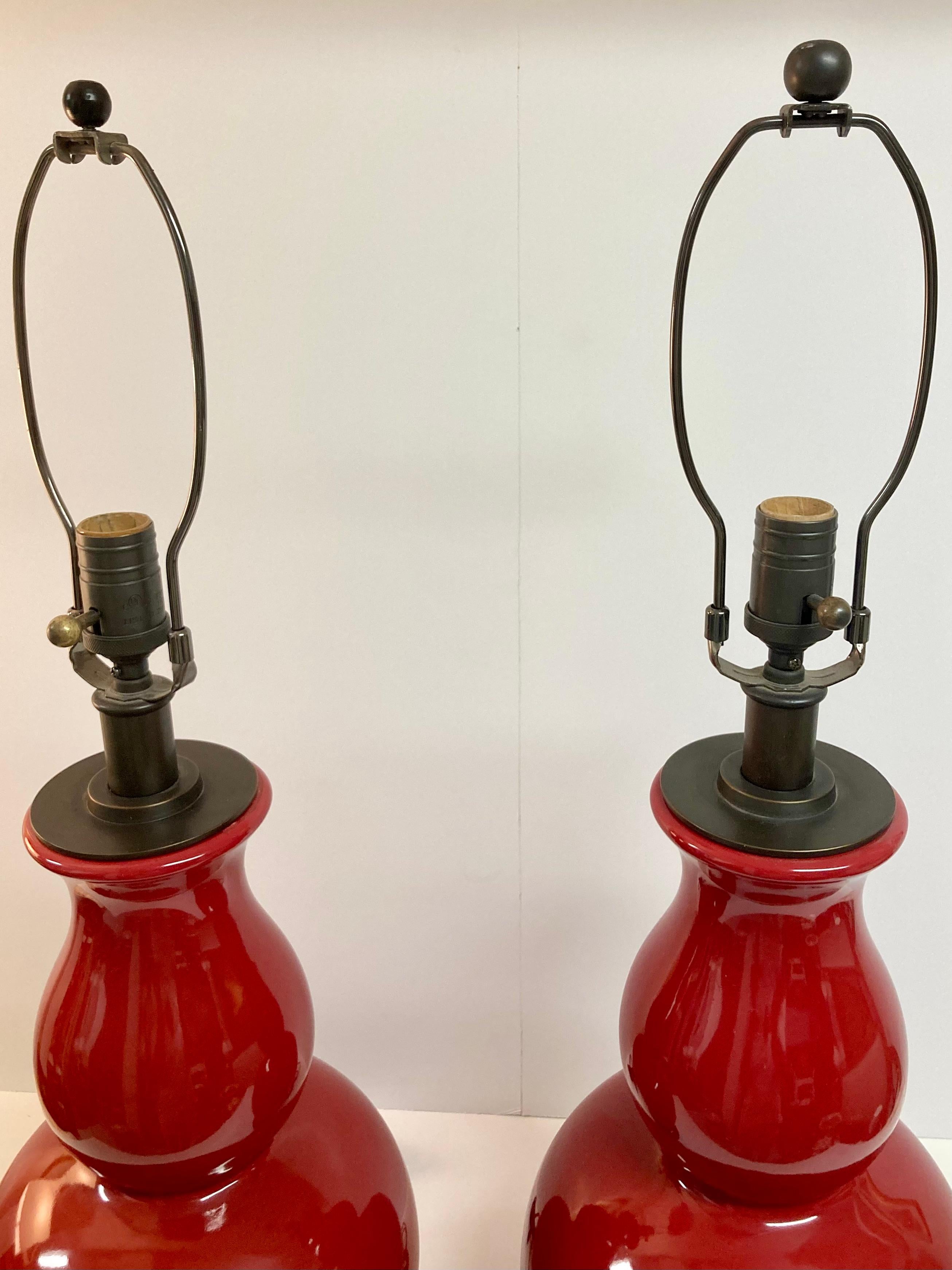 American Gourd Shaped Apple Red Glazed Ceramic Table Lamps, a Pair