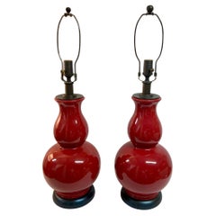 Gourd Shaped Apple Red Glazed Ceramic Table Lamps, a Pair