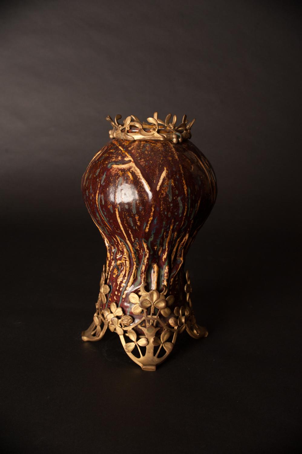Glazed Art Nouveau Gourd Vase with Brass Mount by Pierre-Adrien Dalpayrat & Marcel Bing For Sale