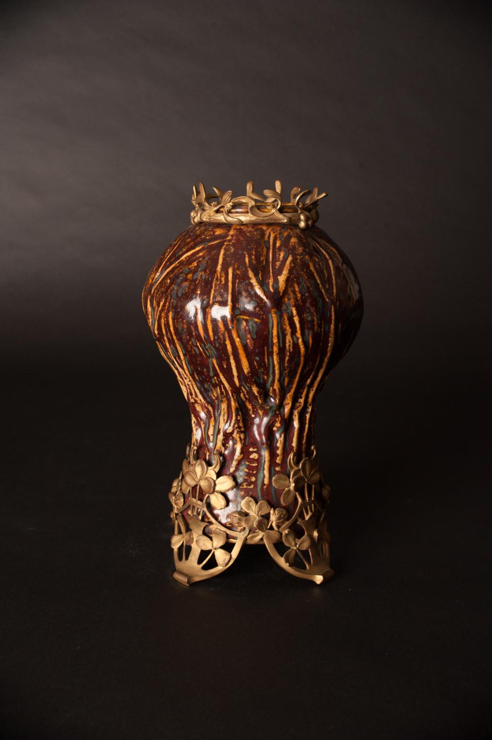 Vernissé Vase gourde Art nouveau avec monture en laiton par Pierre-Adrien Dalpayrat & Marcel Bing en vente