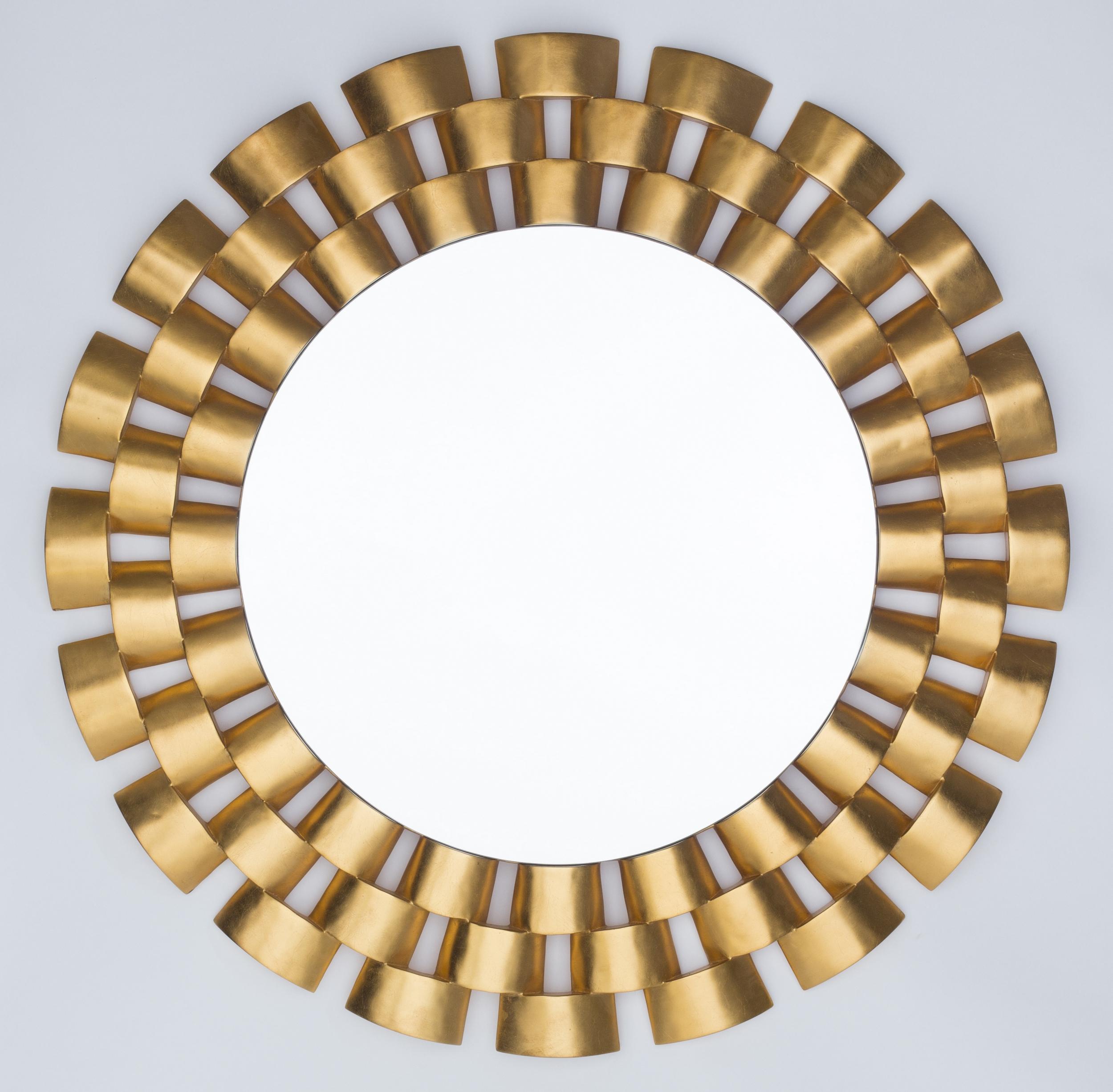 Grande specchio rotondo con cornice in legno intagliato e dorato decorato con 