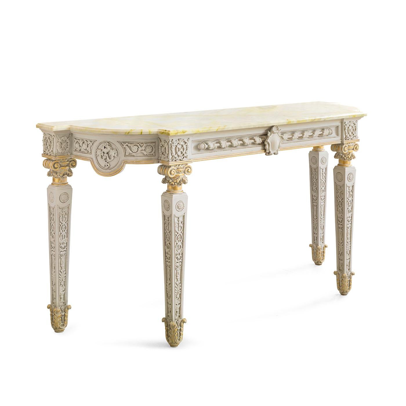Gouthiere hand-carved console white and gold leaf finishing with marble top.