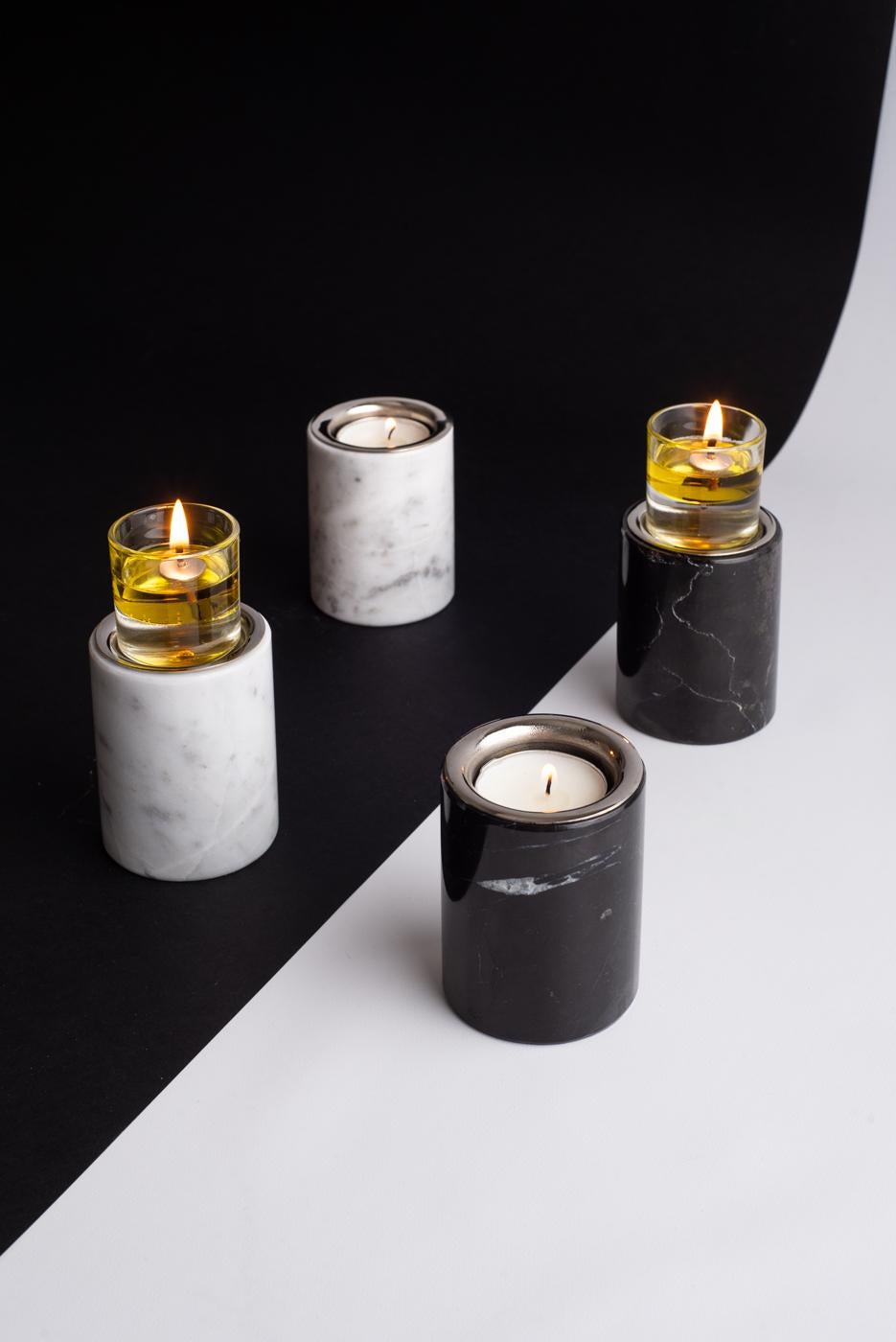 Mexican Gova Black Marble & Nickeled-Brass Candle Holders For Sale