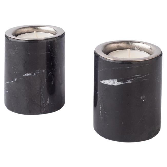 Gova Black Marble & Nickeled-Brass Candle Holders For Sale