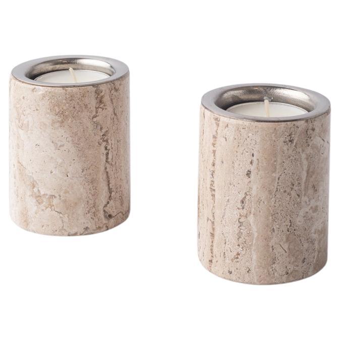 Gova - Porte-bougies en marbre travertin et laiton nickelé