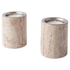 Gova Travertine Marble & Nickeled-Brass Candle Holders