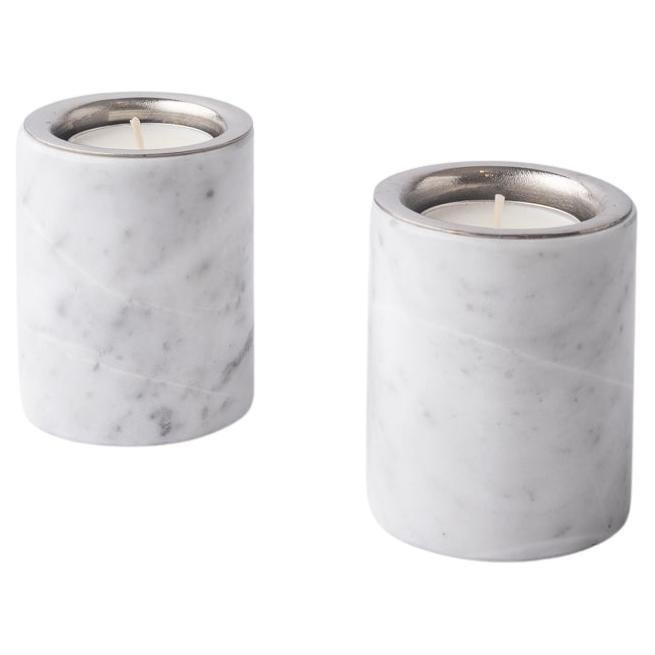 Gova White Marble & Nickeled-Brass Candle Holders For Sale