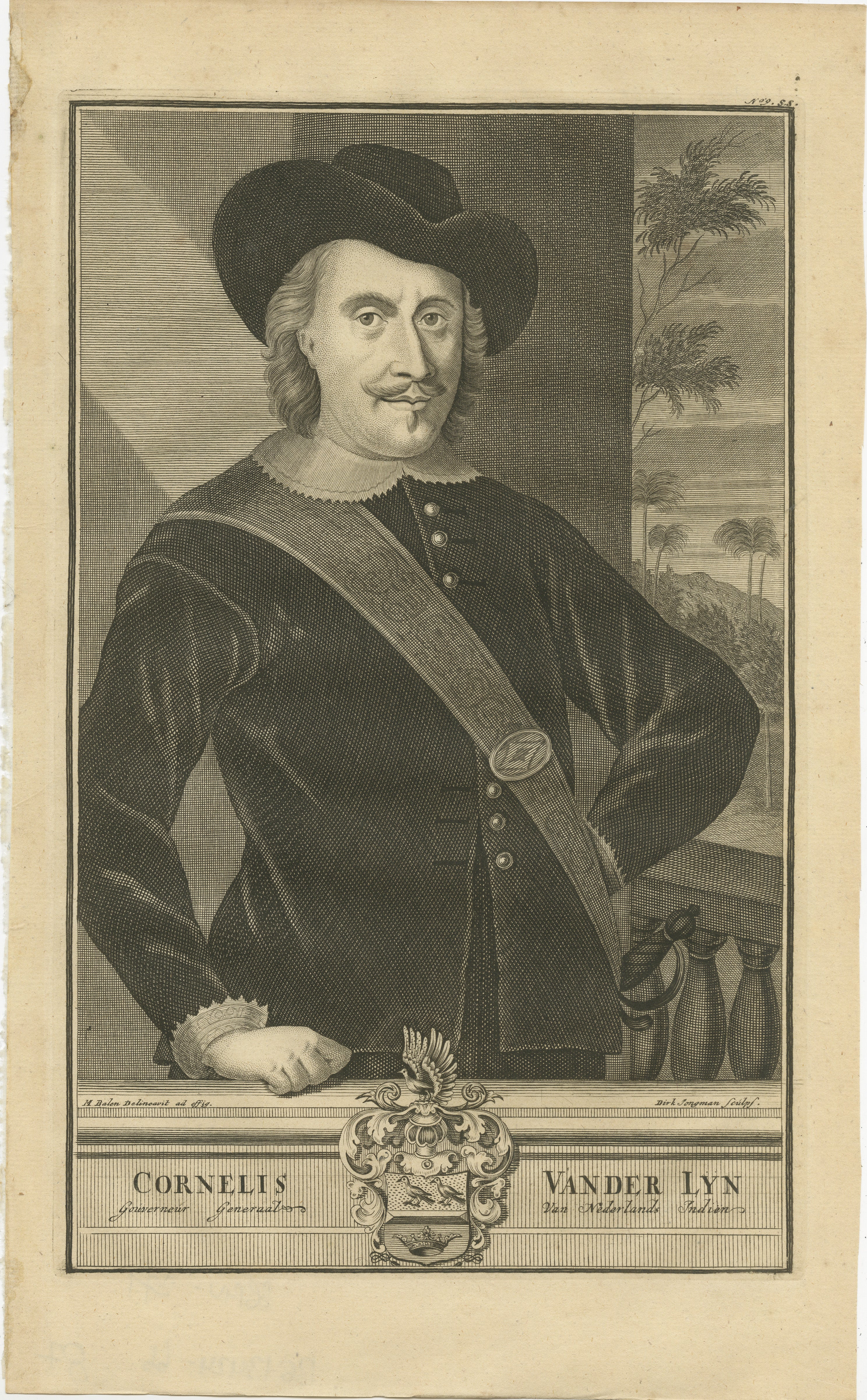 Cornelis van der Lyn, Gouverneur Generaal van Nederlands Indien
Copperplate engraving/etching on hand laid (verge) paper.

The image is an original antique print, a portrait of Cornelis van der Lijn (1608 – 1679), who was the Governor-General of the