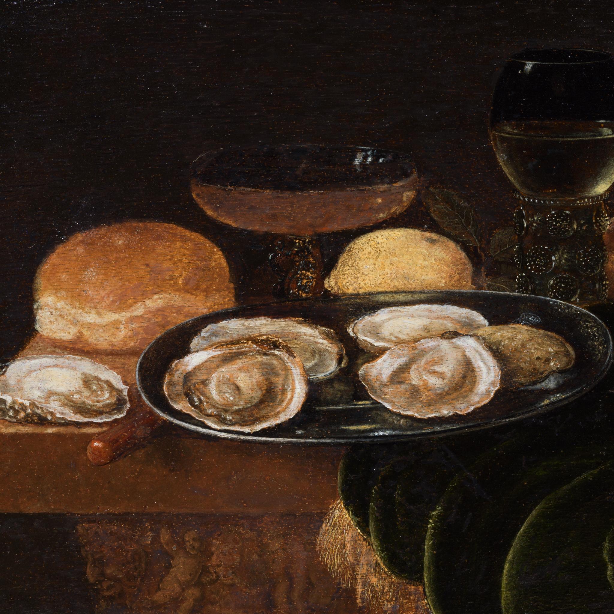Nature morte aux huîtres - La plus ancienne nature morte connue dans l'histoire de l'art suédois - Painting de Govert Dircksz Camphuysen