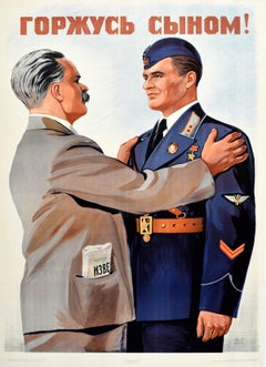 Original Vintage War Propaganda Poster Soviet Air Force Pilot Hero Pride USSR