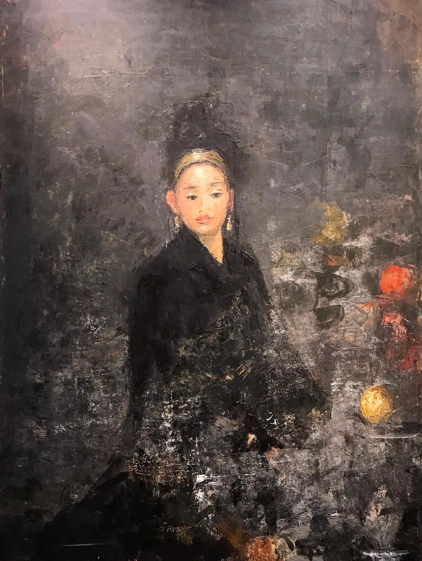 Goxwa Figurative Painting - 'Black Silk'  Romantic Portrait of Woman with Flowers on Black in Black Dress