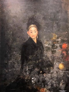 'Black Silk'  Romantic Portrait of Woman with Flowers on Black in Black Dress