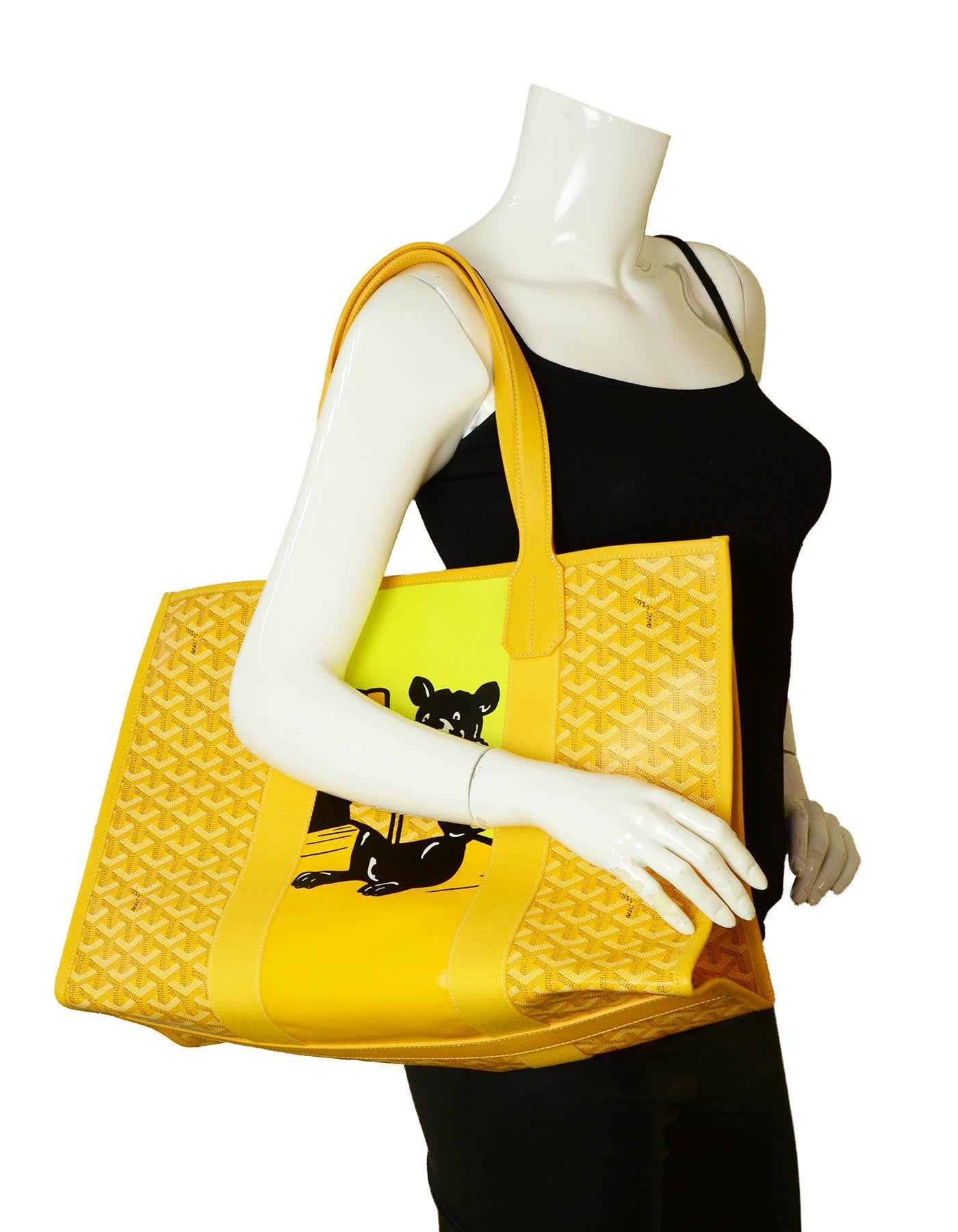 Goyard 2020 Yellow Goyardine Bulldog Villette Tote

Made In: France
Year of Production: 2020
Color: Yellow with black
Materials: Coated canvas and leather
Lining: Canvas
Closure/Opening: Open top
Exterior Pockets: N/A
Interior Pockets: N/A
Exterior