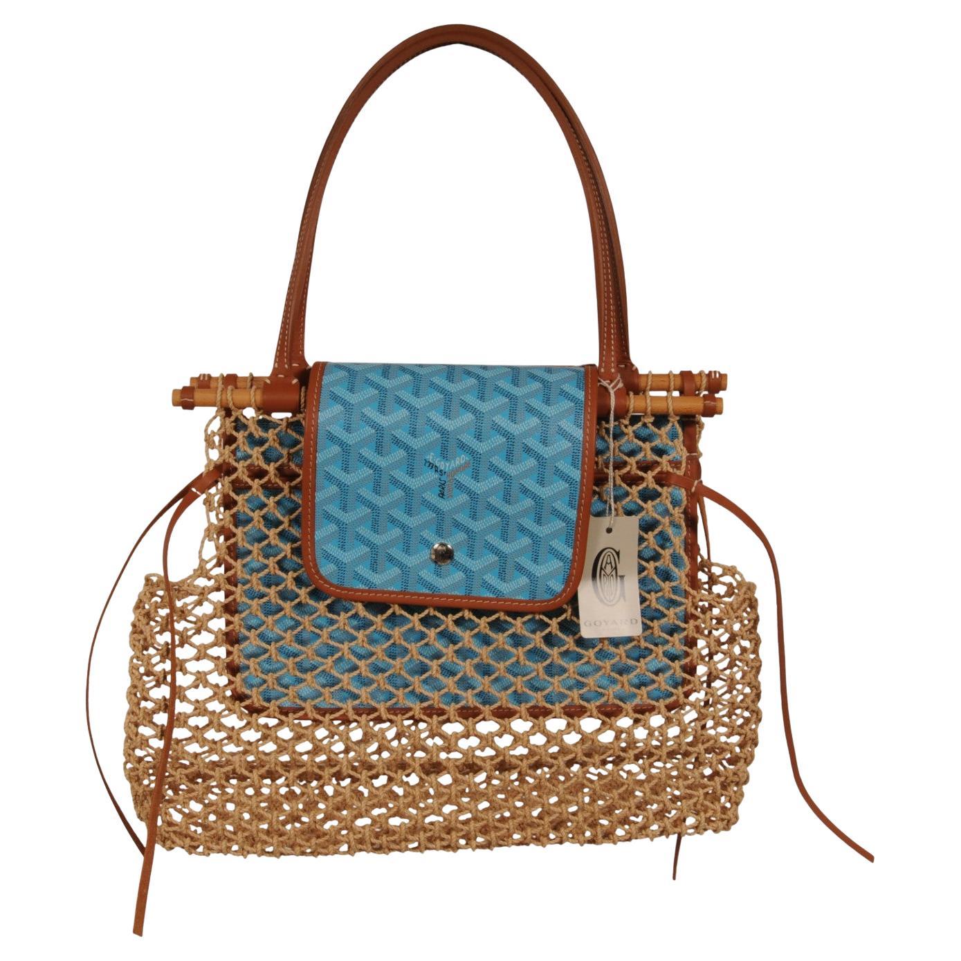 Goyard Aligre Tote Bag Turquoise Blue Tan Raffia Mesh Lightweight Summer Limited For Sale
