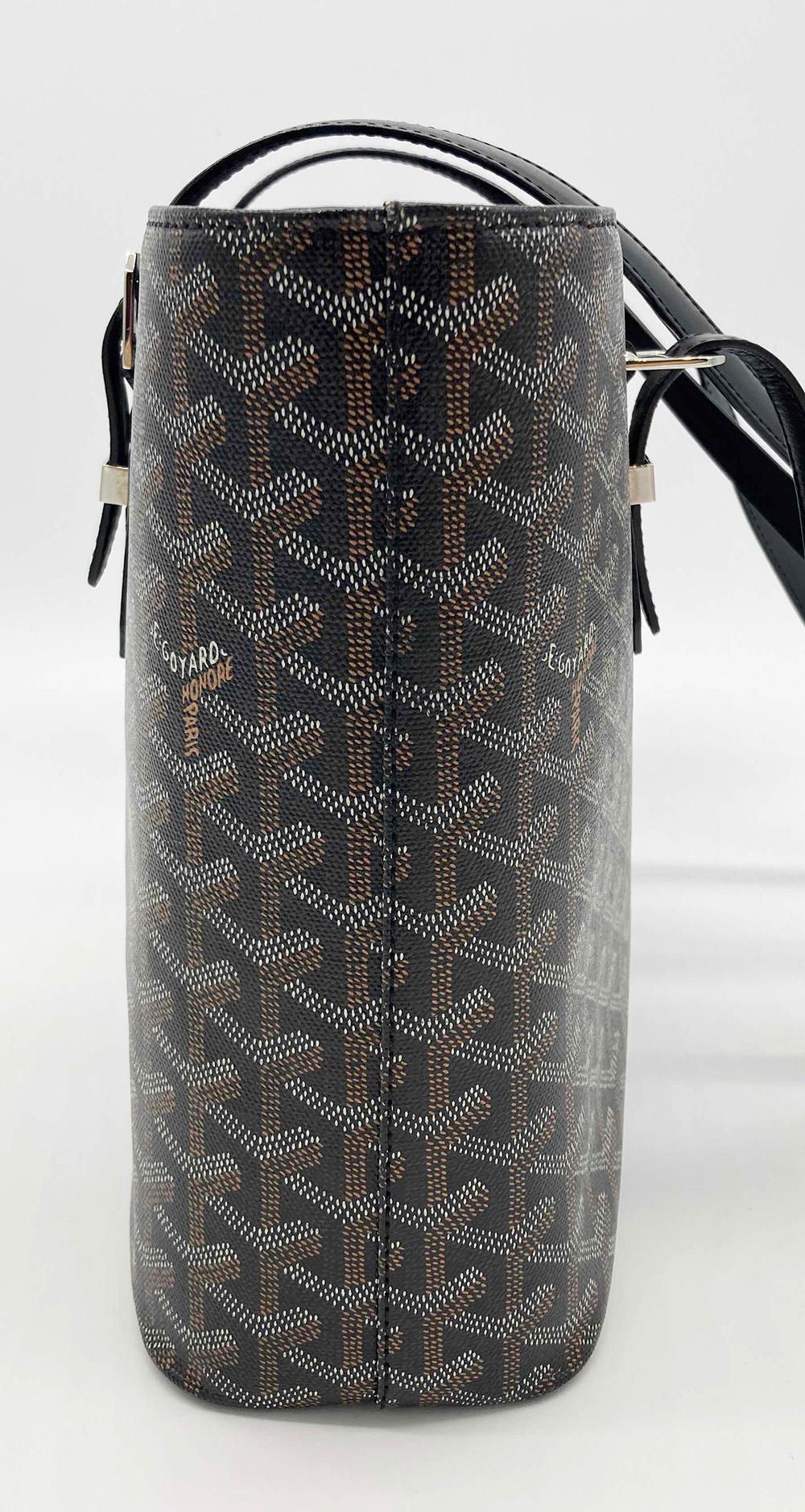 Goyard Black Sac Marie Galante MM in excellent condition. Black monogram canvas exterior trimmed with black leather and silver hardware. Top double zip closure opens to a yellow canvas interior with one zipped and one slit side pocket. No exterior