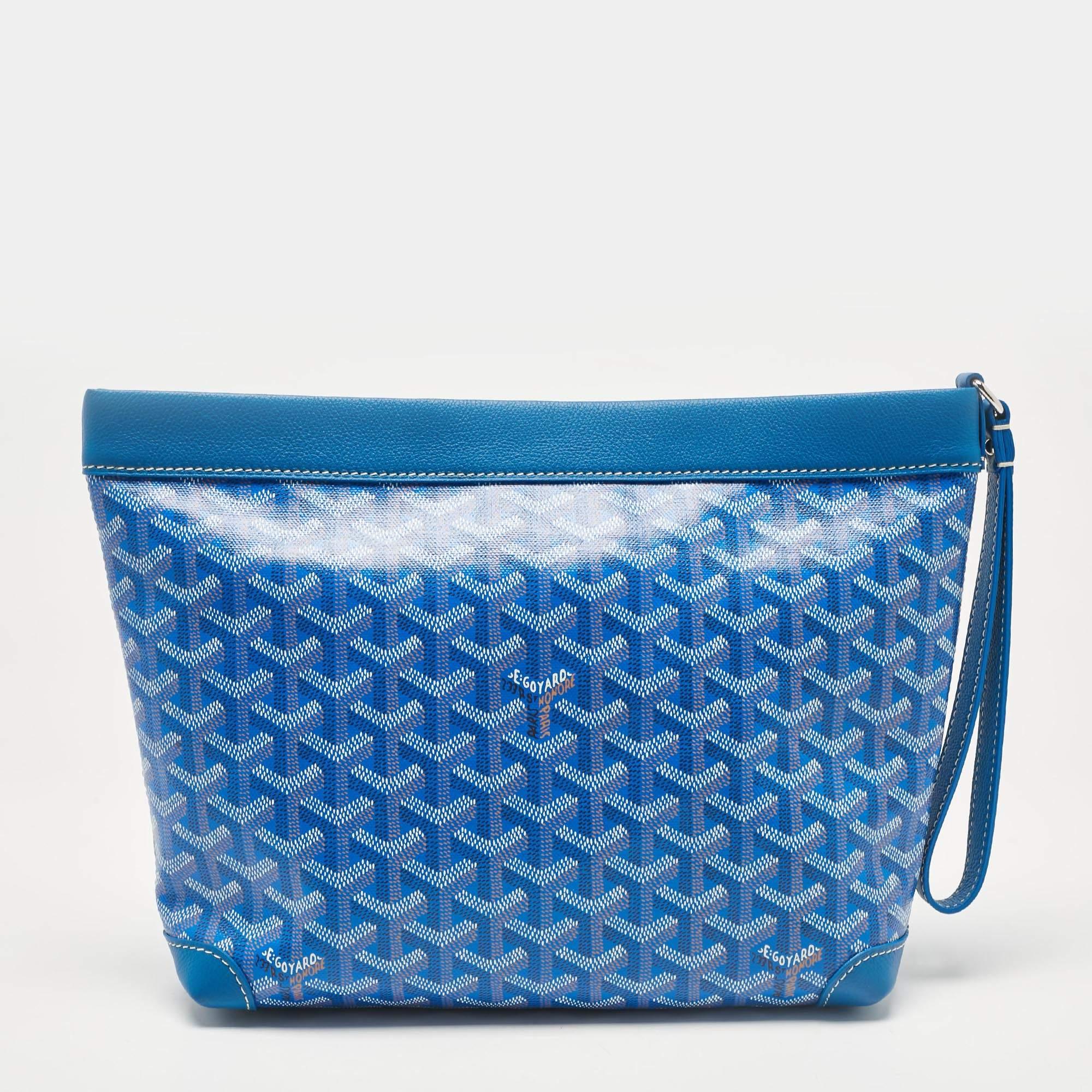 Women's Goyard Blue Goyardine Coated Canvas and Leather Conti Pouch For Sale