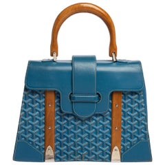 Goyard Blue Goyardine Sac à main Saigon en toile et cuir enduit