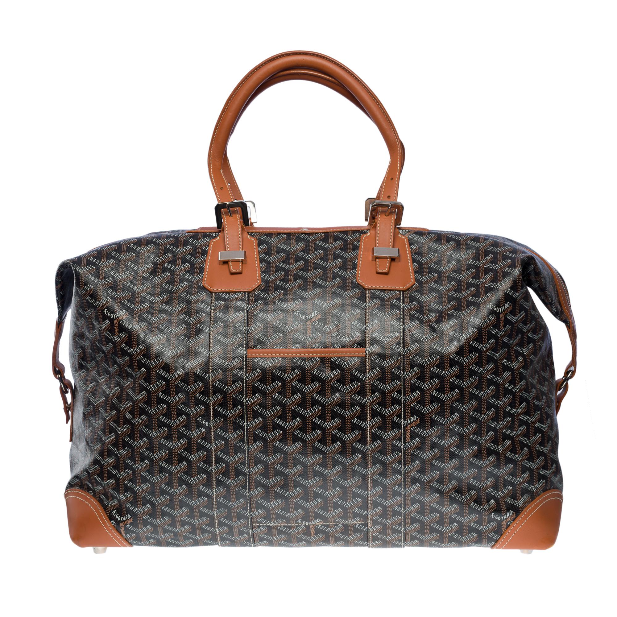 Sac de voyage Goyard Boeing 45 en toile Goyardine noire/marron et cuir, SHW Bon état à Paris, IDF