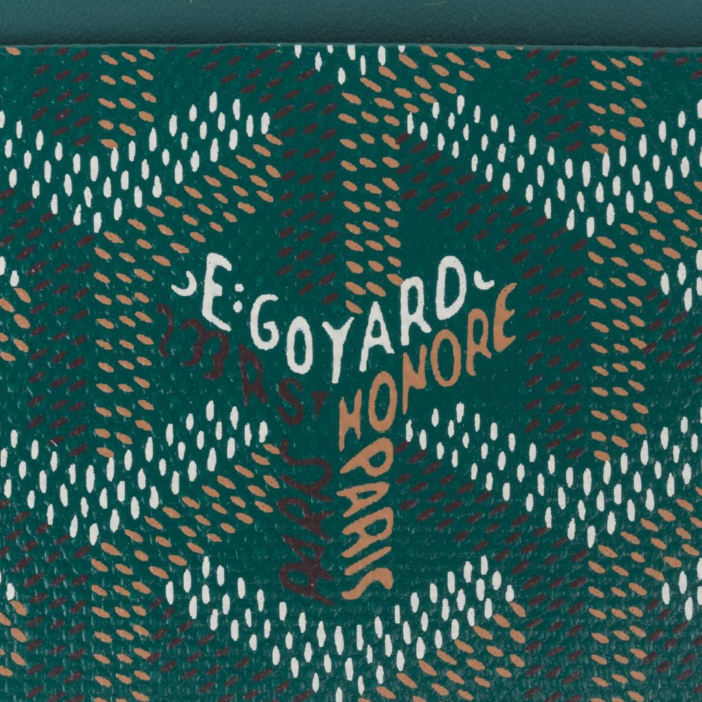 Guaranteed authentic Goyard St. Sulpice card holder featured in green.
Goyard St. Honore Paris in front.
Coated textile and Calfskin leather with Goatskin leather lining.
2 slots on each side.
Comes with protective feldt and box
See same card holder