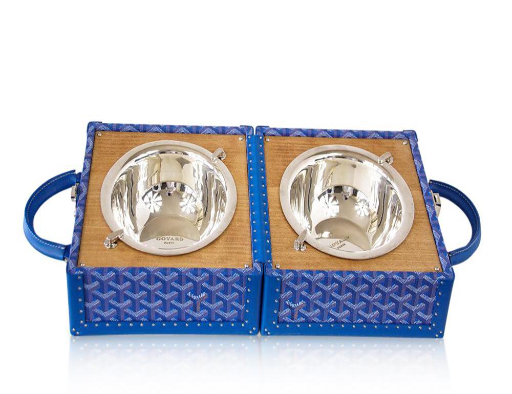 Blue Goyard Dog Bowl Travel Trunk with Palladium Bowls   Limited Edition 