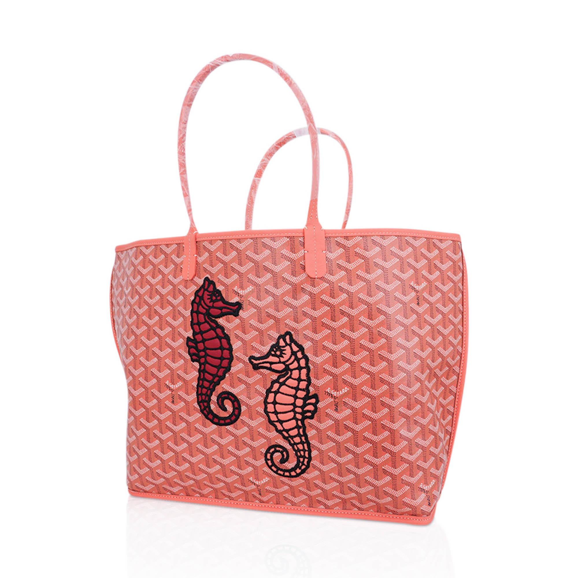 Goyard Goyardine Anjou PM limited Edition Coral Embroidered Seahorses Tote Bag In New Condition In Miami, FL