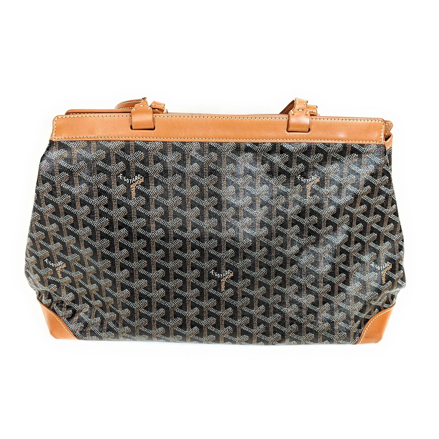Black and multicolor hand-painted Goyardine coated canvas Goyard Bellechasse PM with silver-tone hardware, beige contrast stitching, caramel smooth leather trim, dual flat shoulder straps, beige woven lining, single pocket at interior wall and