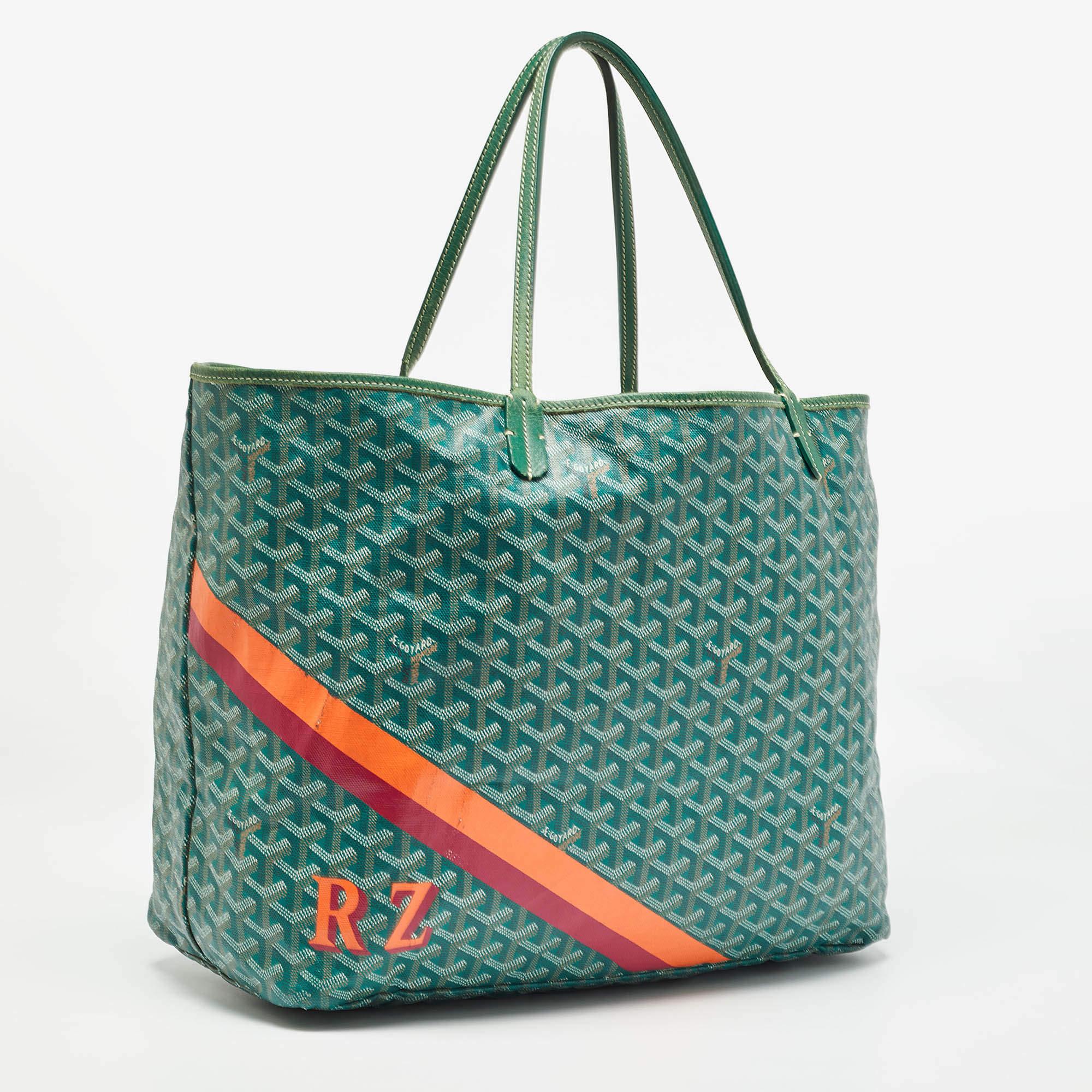 Goyard Green Goyardine Coated Canvas and Leather Stripe Saint Louis GM Tote In Fair Condition In Dubai, Al Qouz 2